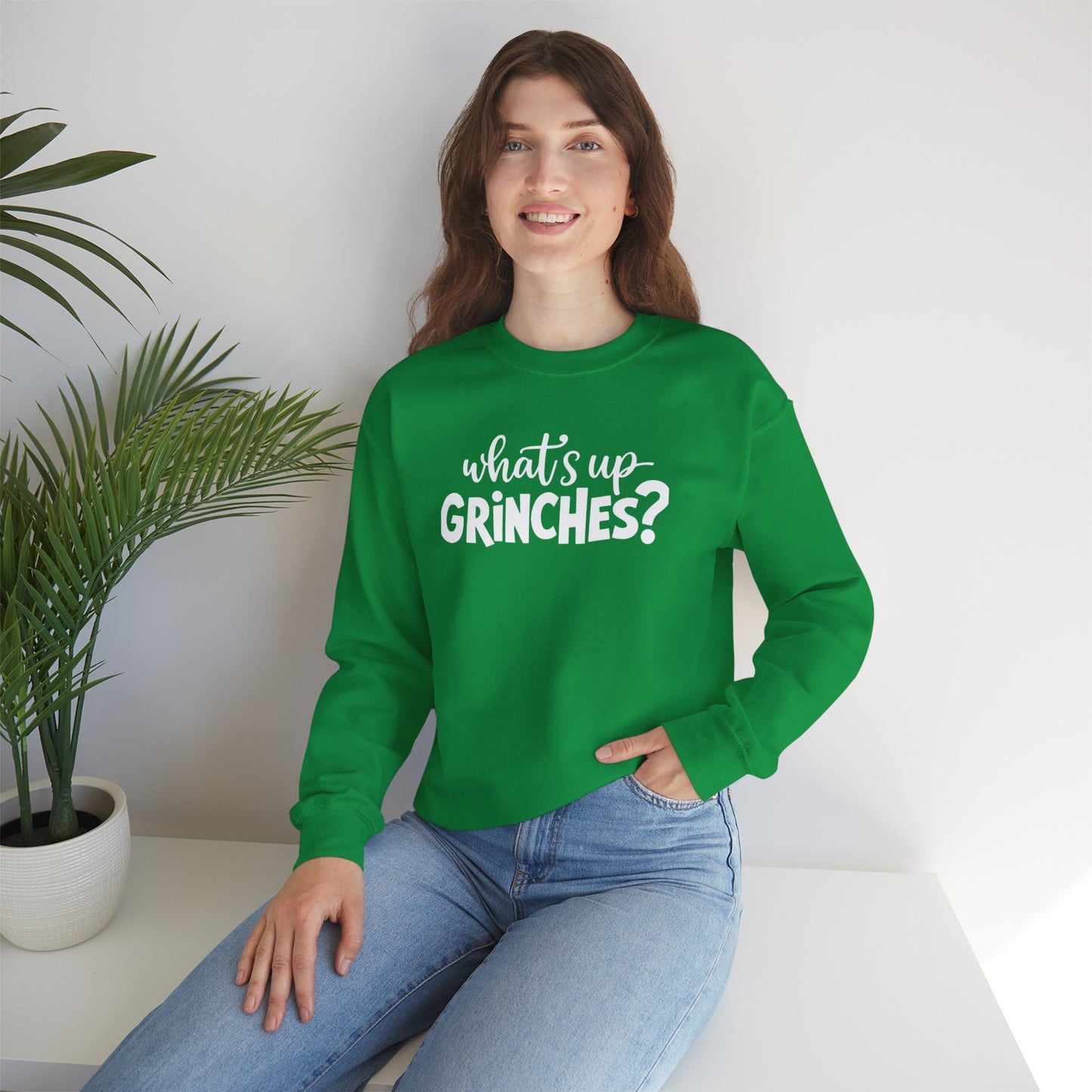 Funny Grinch Sweatshirt - Unisex Heavy Blend™ Crewneck with 'What's Up Grinch?'