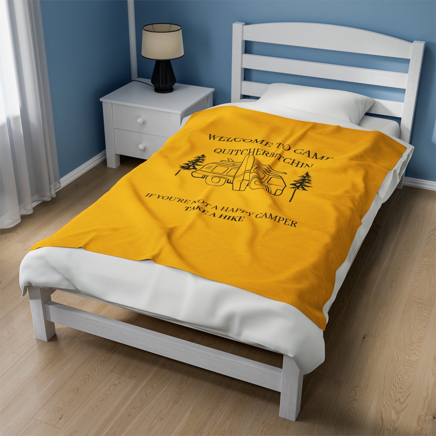 Cozy Camping Velveteen Plush Blanket - "Welcome to Camp" Design