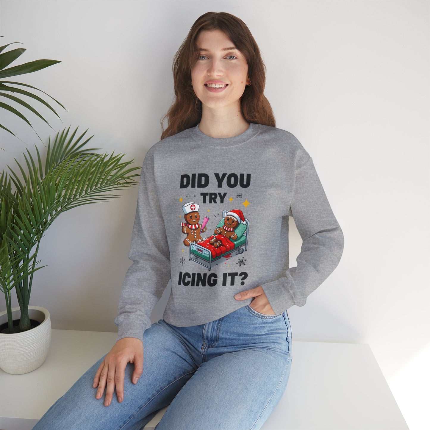 Funny Gingerbread Crewneck Sweatshirt - "Did You Try Icing It?"