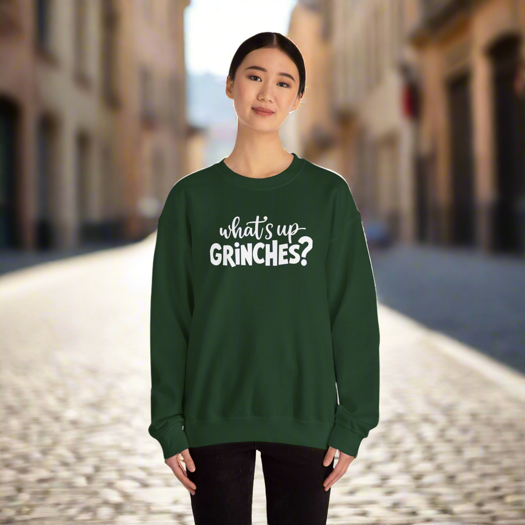 Funny Grinch Sweatshirt - Unisex Heavy Blend™ Crewneck with 'What's Up Grinch?'