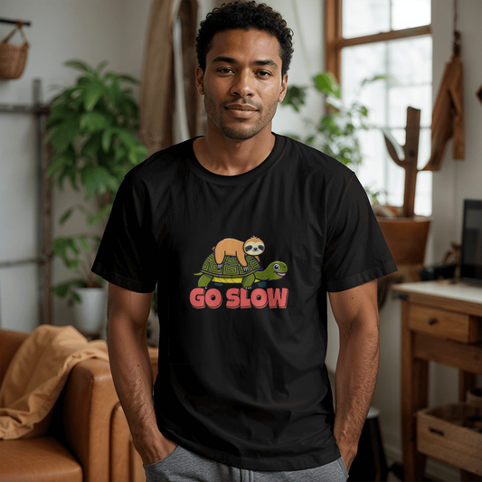 Go Slow Graphic T-Shirt | Sloth Riding Turtle Funny Tee
